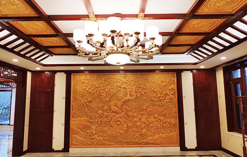 鄂尔多斯中式别墅客厅中式木作横梁吊顶装饰展示